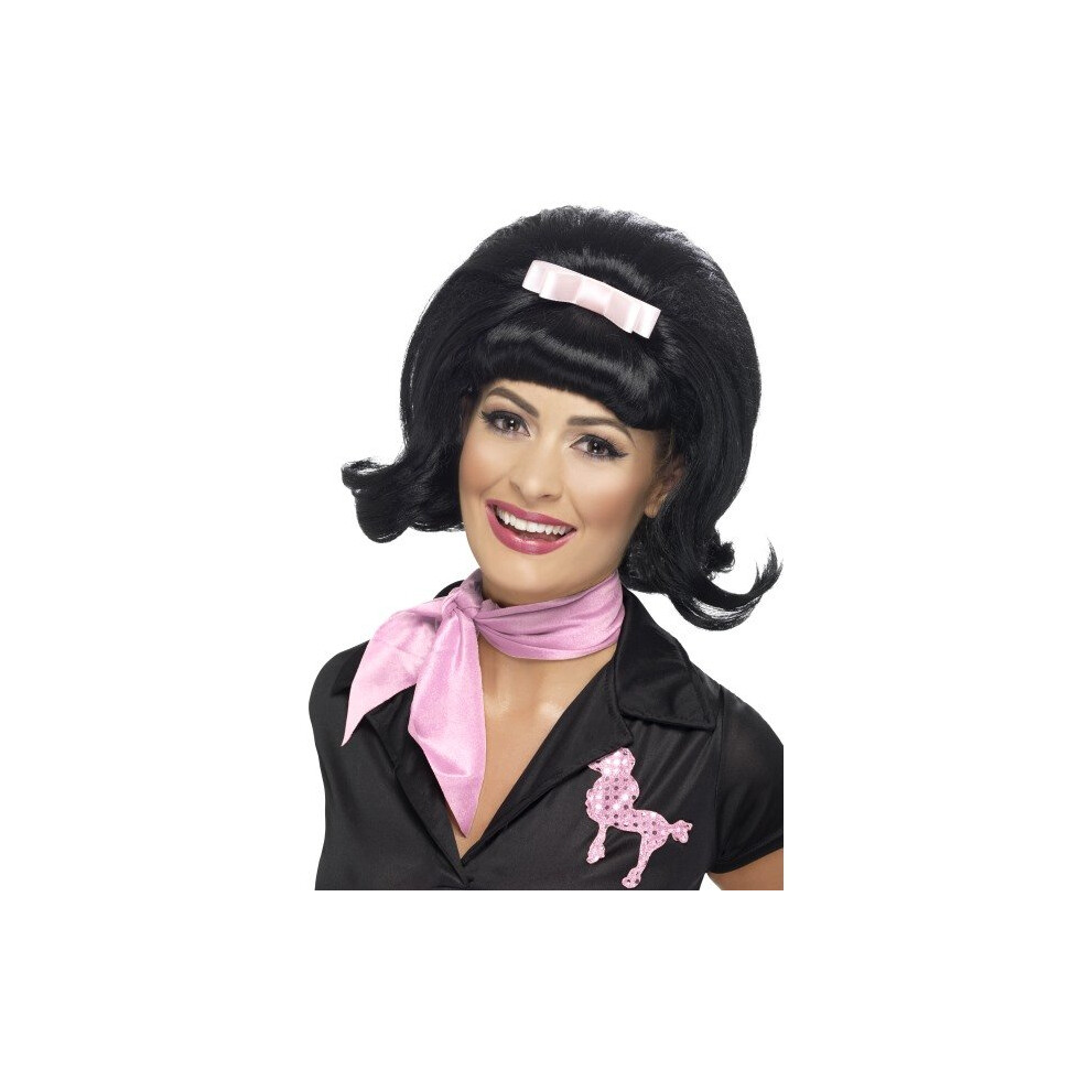Smiffy's 50'S Flicked Beehive Bob With Ribbon Bow - Wig 50S Fancy Dress - Beehive Wig Bob Flicked 50S Fancy Dress Ladies 1950S Black