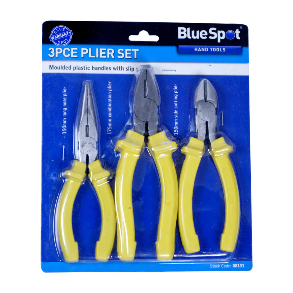 3 Piece Plier Set With Heavy Duty Handles - Nose Side Long Combination Cutting -  plier set nose side long combination cutting 3pc blue spot 6 pliers