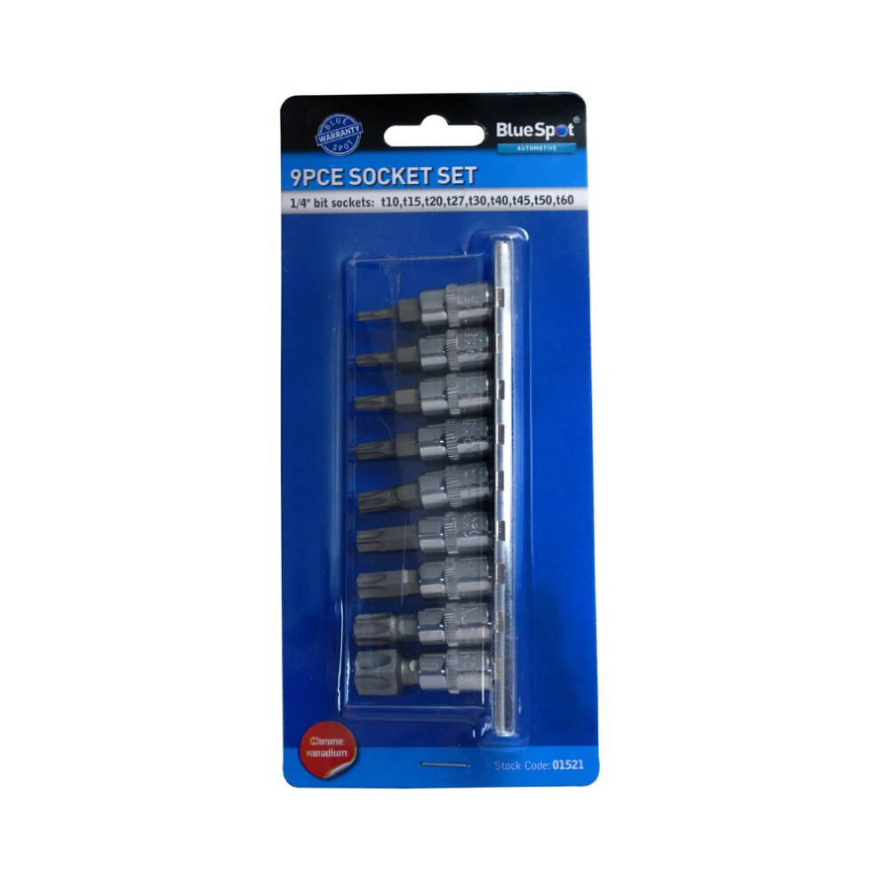 Bluespot 9 Pce 1/4" Torx Bit Socket Set (t10-t60) - 14 Star Blue Spot 01521 -  set 14 star socket bit blue spot 9 01521 rail piece inch torx drive