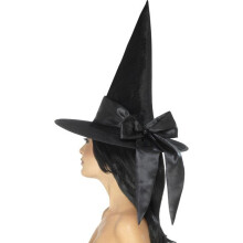 Deluxe Witch Hat, Black, With Black Bow - ladies deluxe witch hat womens witches halloween fancy dress costume accessory