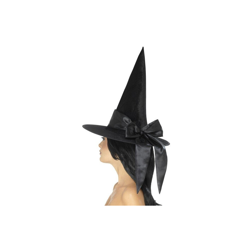 Deluxe Witch Hat, With Bow - Ladies Deluxe Witch Hat Womens Witches Halloween Fancy Dress Costume Accessory Black