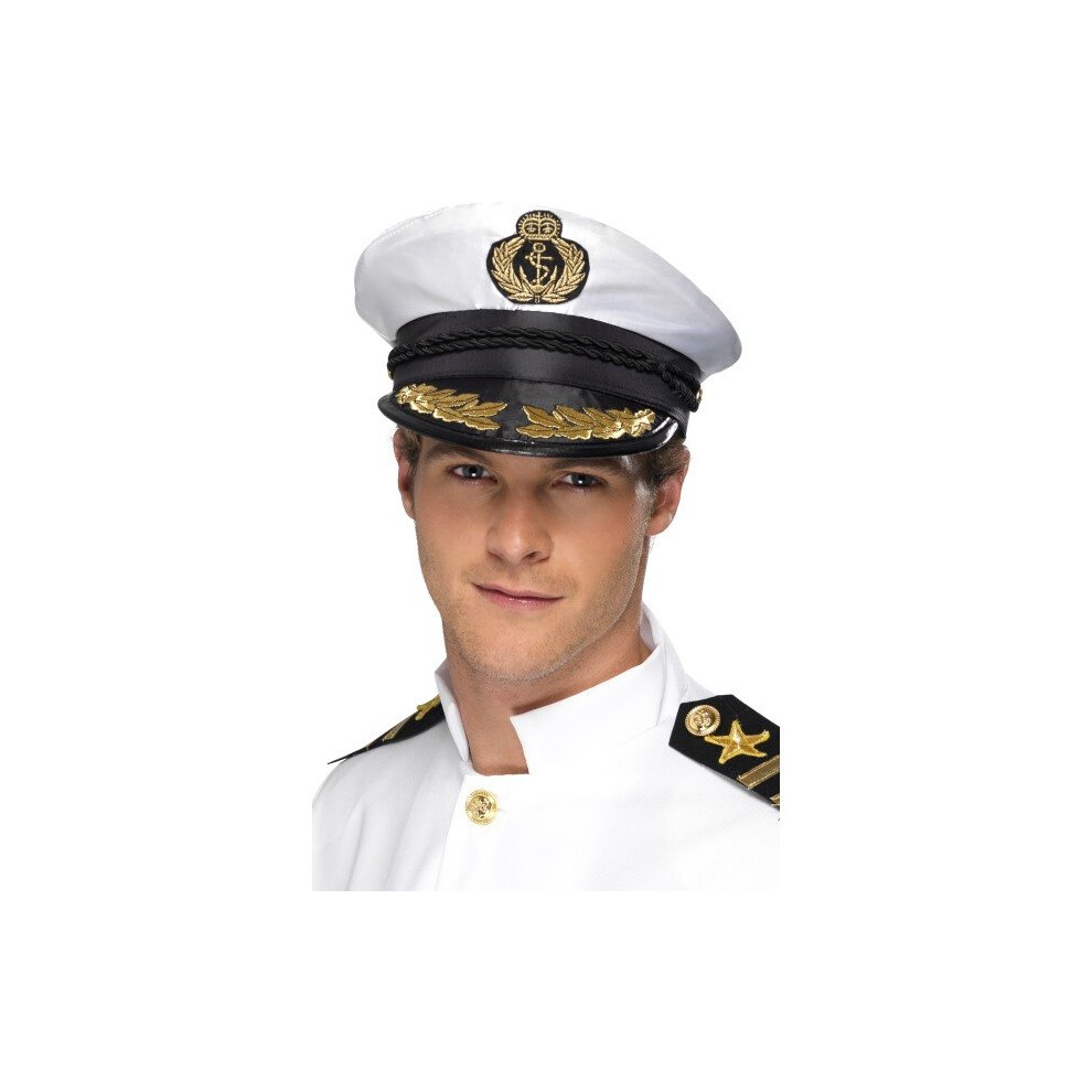 Smiffy's Adult's Captain Cap - Captain Hat Golden Detail Fancy Dress Costume Sailor White