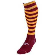 710MMA: Precision Training Pro Mens Maroon & Amber Hooped Football Socks - Size M, Ankle Contour, Breathable Multi-Hoop Design