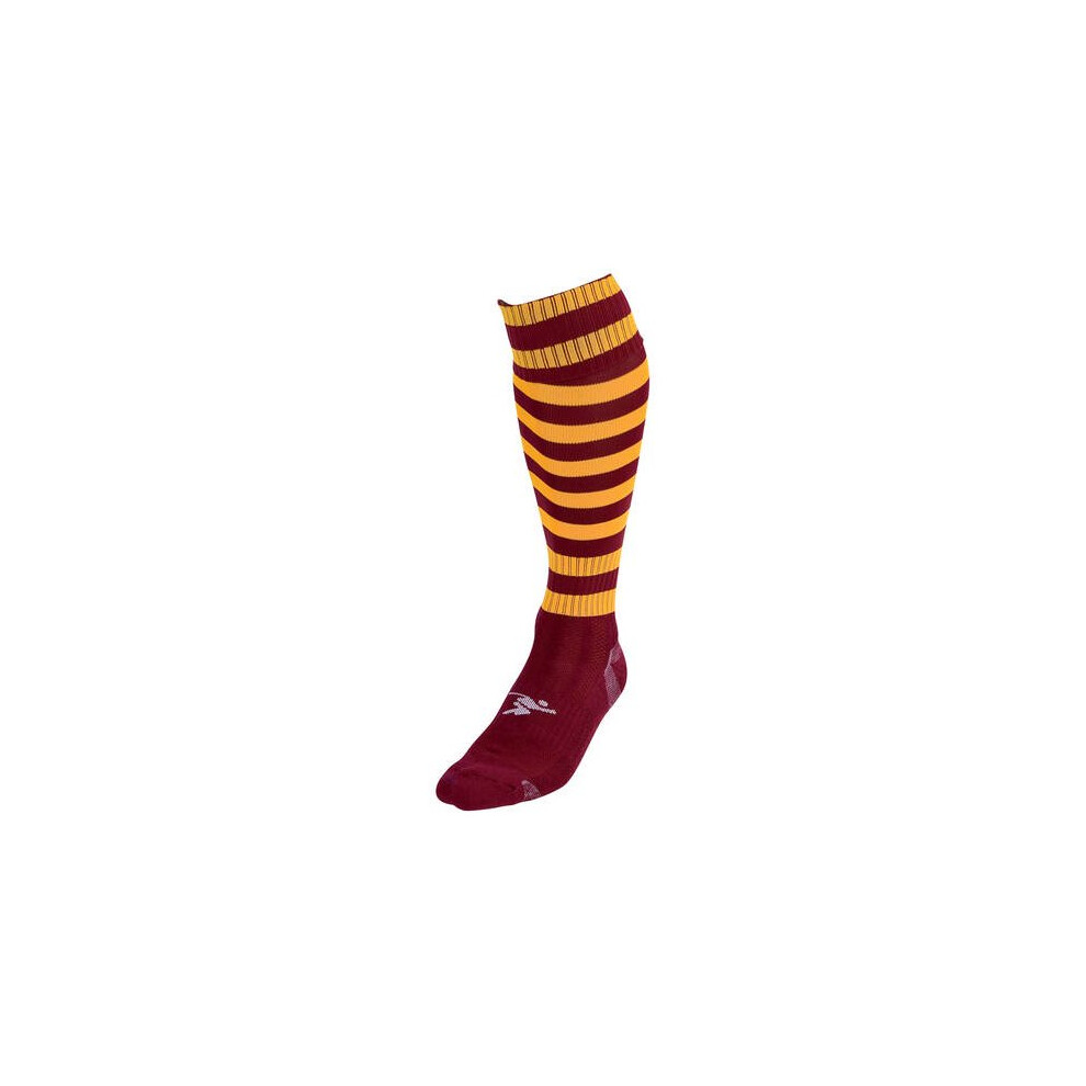 710MMA: Precision Training Pro Mens Maroon & Amber Hooped Football Socks - Size M, Ankle Contour, Breathable Multi-Hoop Design