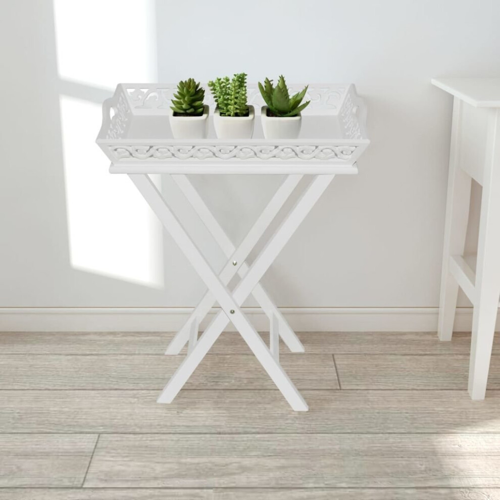 White Tray Pot Side Table End Table Plant Stand Nightstand Folding Carved