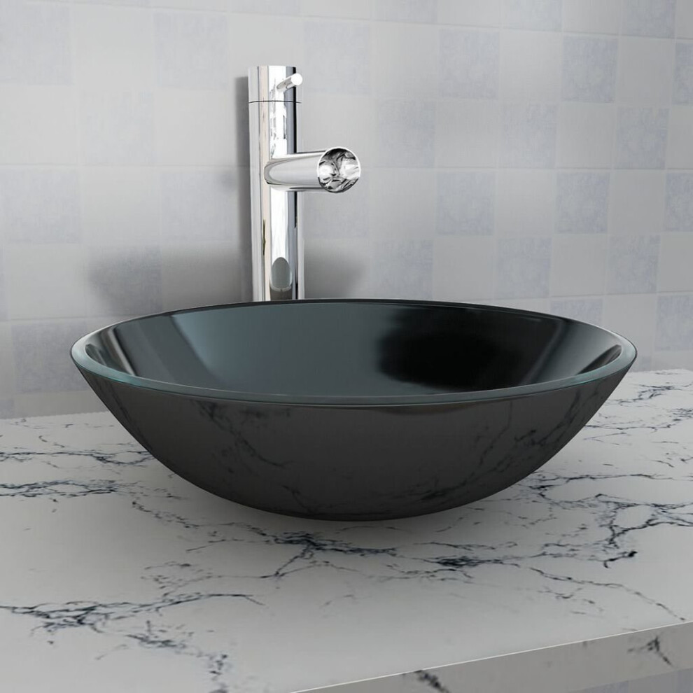 vidaXL Basin Tempered Glass 42cm Black Cloakroom Bathroom Above Counter Sink