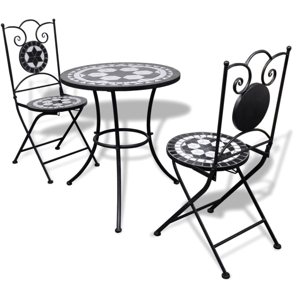 vidaXL Bistro Table 60cm Mosaic with 2 Chairs Black and White Garden Furniture