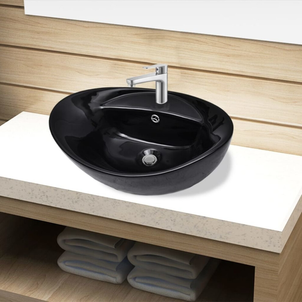 vidaXL Ceramic Bathroom Sink Basin Faucet/Overflow Hole Black Oval Counter Top