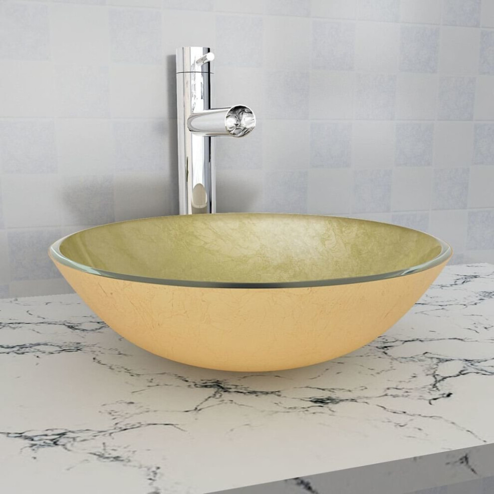 Vidaxl Basin Tempered Glass 42Cm Gold Cloakroom Bathroom Above Counter Sink 8718475518655