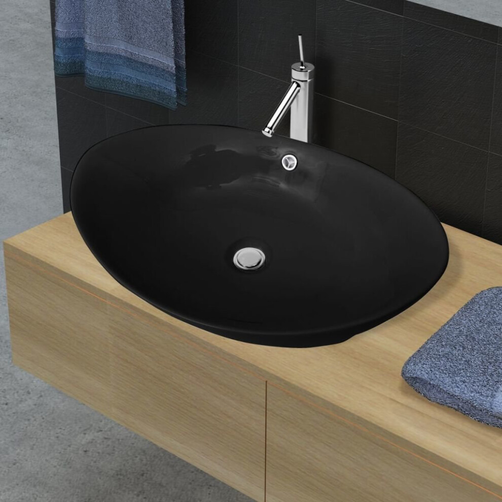 vidaXL Ceramic Basin Oval with Overflow Black 59x38.5x19cm Countertop Sink