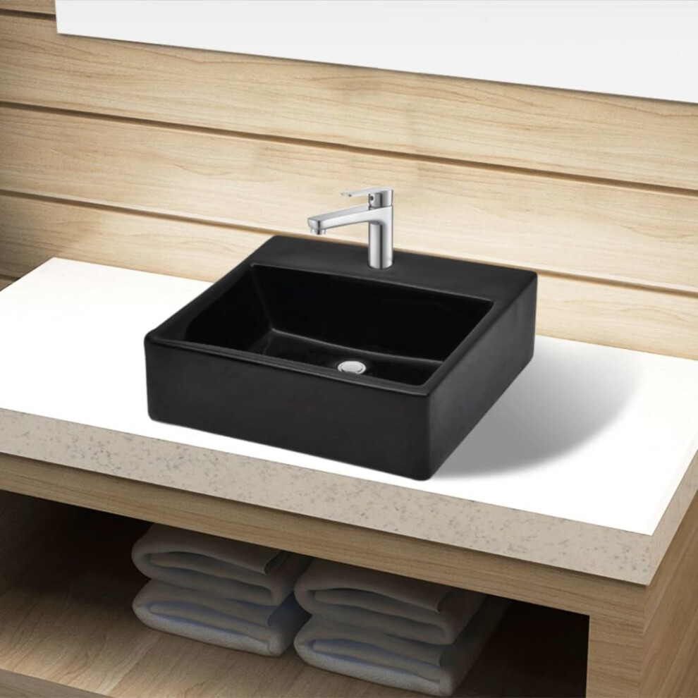 vidaXL Ceramic Bathroom Sink Basin with Faucet Hole Black Square Counter Top