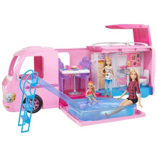 Barbie Dream Camper FBR34: Open play camper with 60 cm play surface, pool with slide, kitchen, bath, fire pit, hammocks for 4 dolls