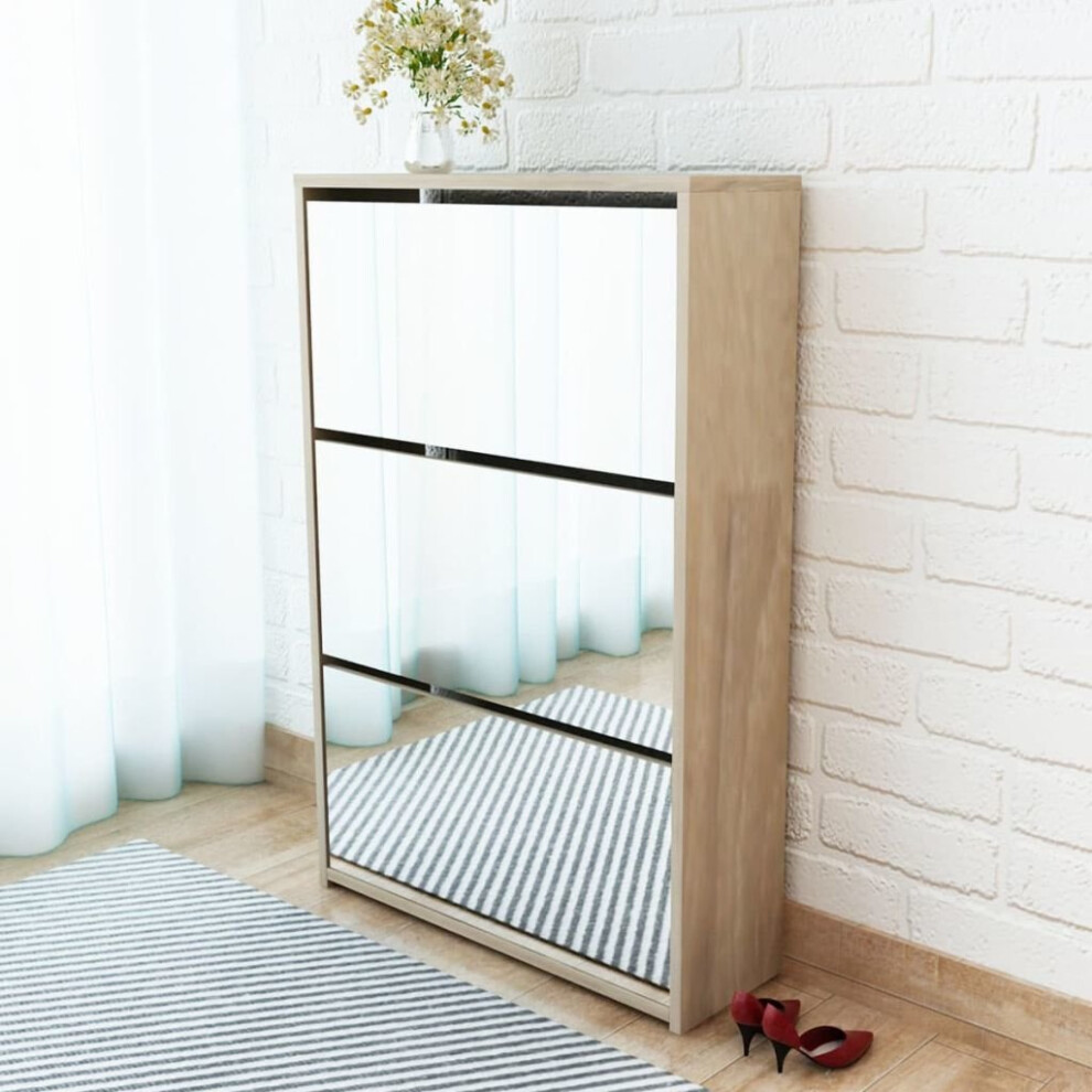 Vidaxl Shoe Cabinet 3-Layer Mirror Oak Storage Organiser Pull-Down Drawer