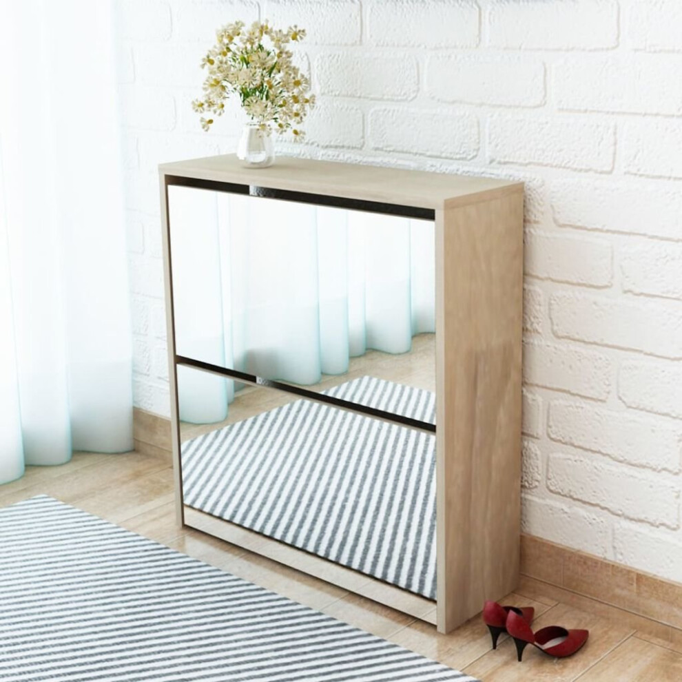 vidaXL Shoe Cabinet 2-Layer Mirror Oak Storage Organiser Pull-down Drawer