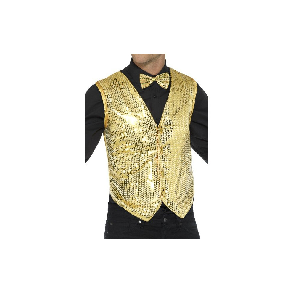 Smiffy's 42937M Sequin Waistcoat (Medium) - Cabaret Fancy Dress Adults Costume - Sequin Waistcoat Cabaret Fancy Dress Adults Costume Accessory New Gold