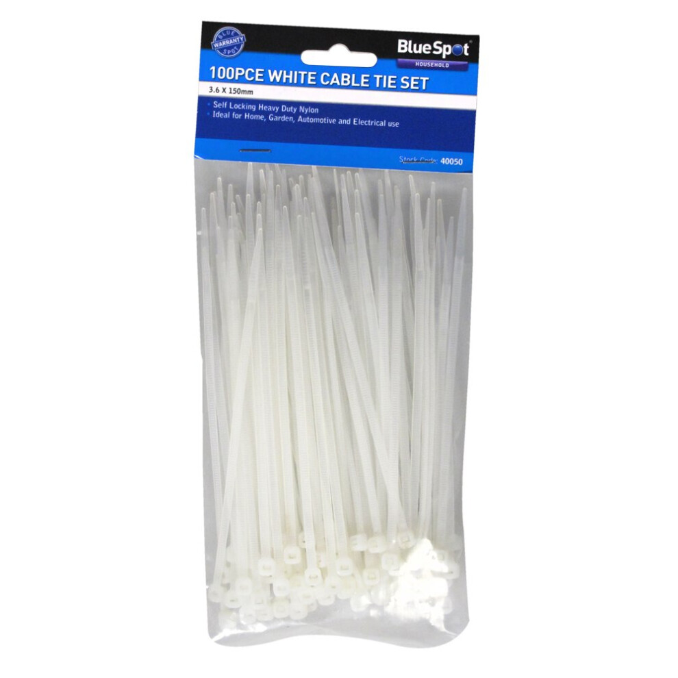 Bluespot 100 Pce 3.6mm X 150mm White Cable Ties - Blue Spot Pack 36 Black 40055 -  blue spot 100 pack cable ties 36 x 150mm black 40055 white 40050