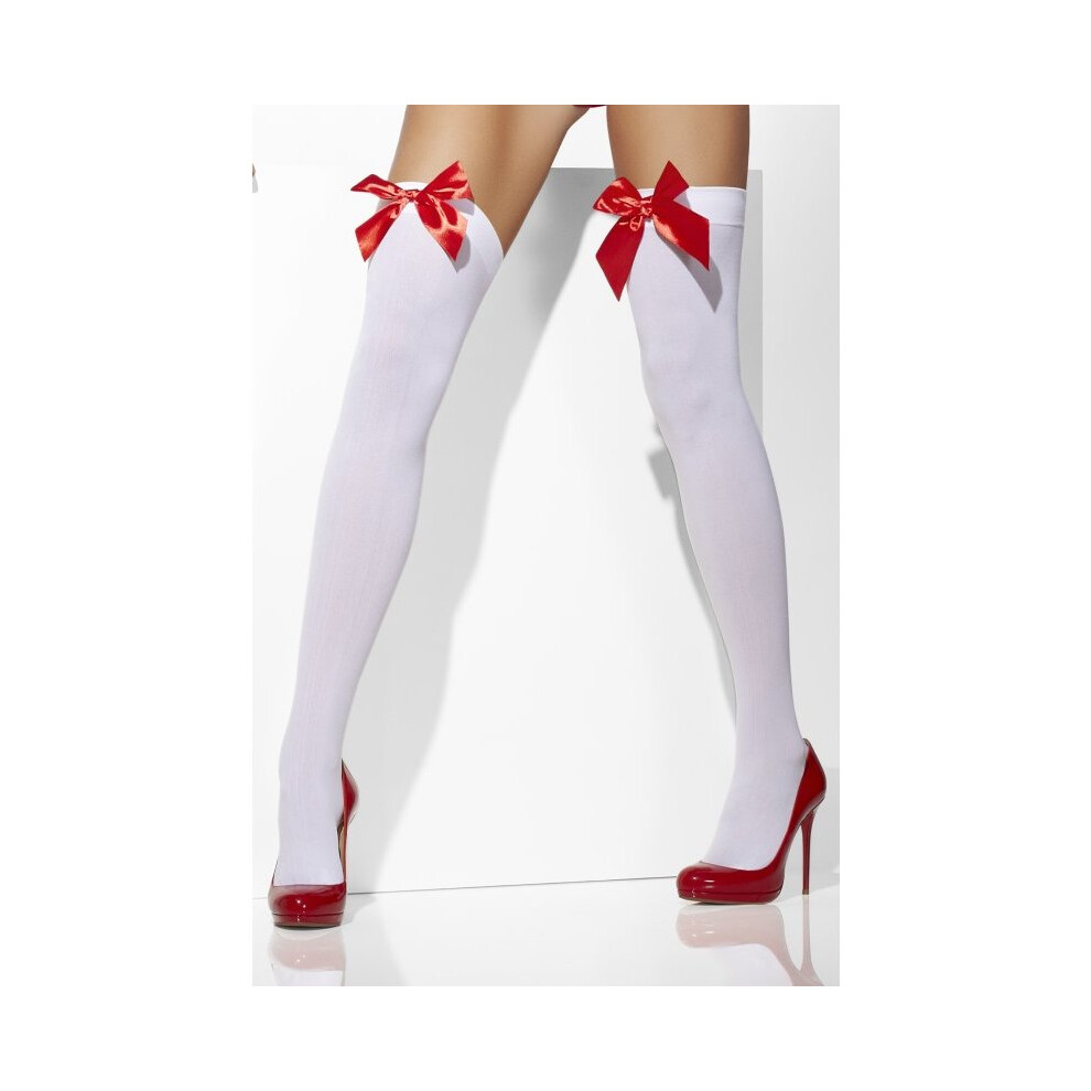 Smiffy's Adult's Opaque Stockings - Stockings With Red Ladies Hold Opaque Bows Womens Fancy Dress Ups Holdups Thigh White