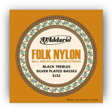D'Addario EJ32 Folk Nylon Acoustic Strings Silver Wound/Ball End Black Trebles