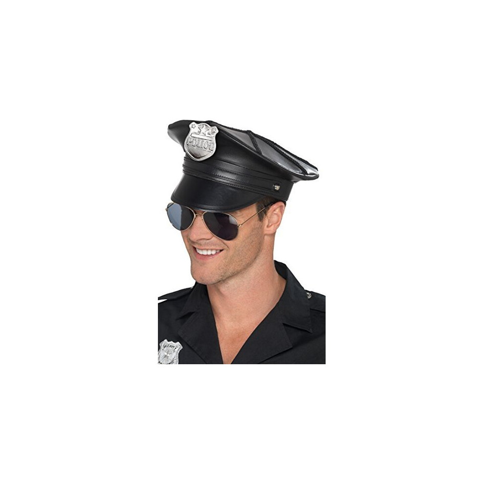 Smiffys 48043 Deluxe Police Hat, Black, One Size - Hat Mens Ladies Fancy Dress -  deluxe police hat mens ladies fancy dress accessory policeman