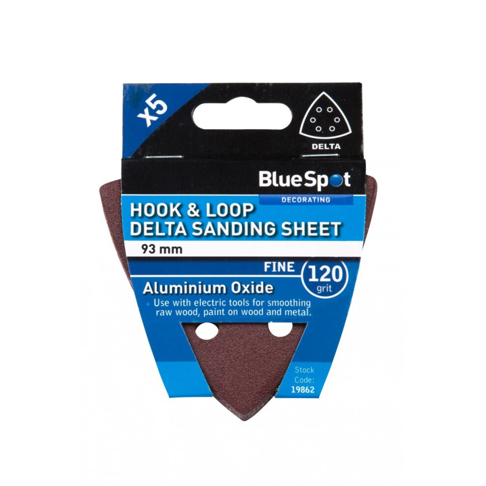Bluespot 93Mm 5 Pack 120 Grit Delta Sanding Sheets - Hook Loop 6 Hole Blue Spot - Delta Sanding Grit 93Mm Hook Loop 6 Hole Blue Spot 120 6080120 5028734198621