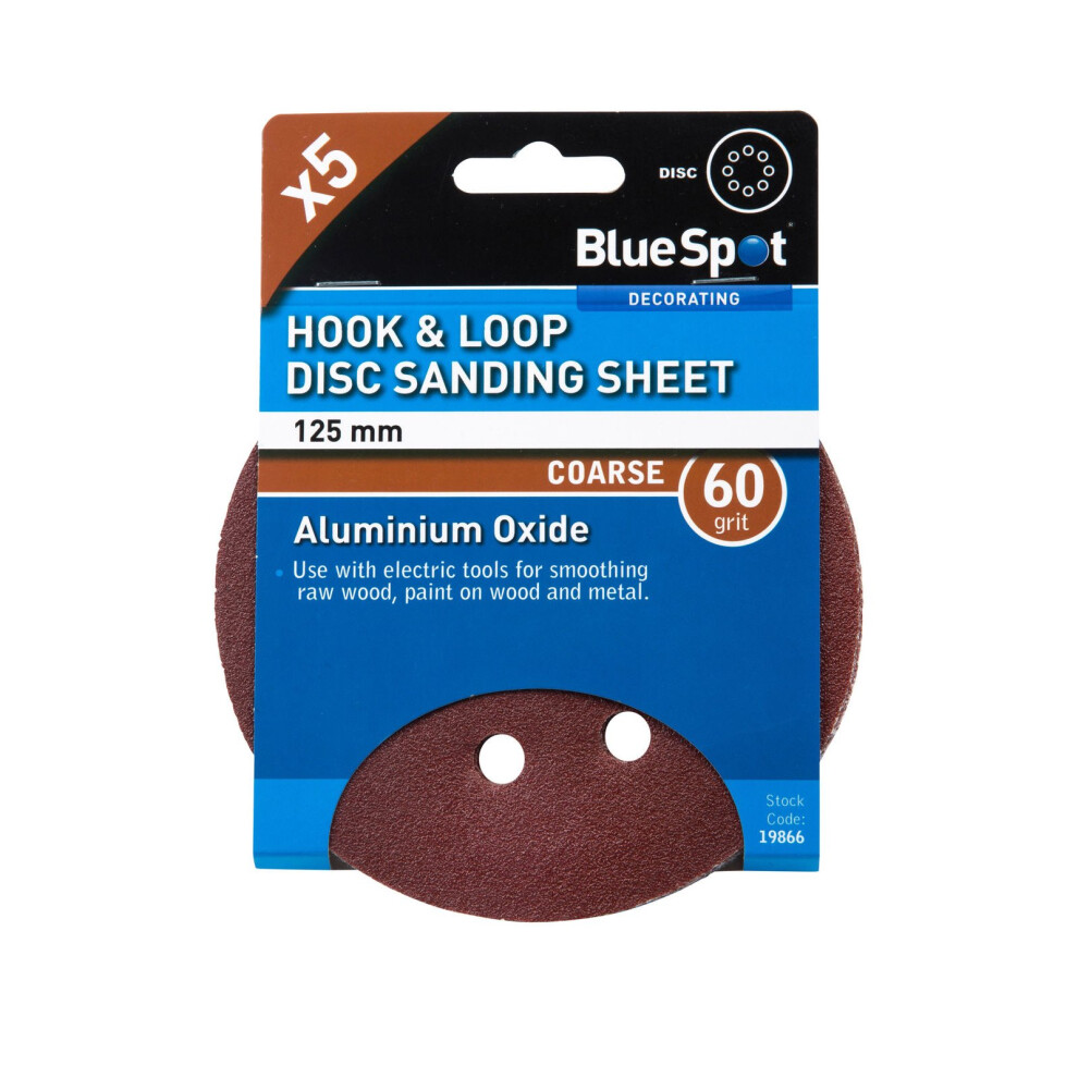 Bluespot 125Mm 5 Pack 60 Grit Sanding Disc - Hook Loop Discs 8 Hole Da 6080120 - Sanding Grit Hook Loop 125Mm Discs 8 Hole Da 6080120 Mixed Blue Spot 5028734198669