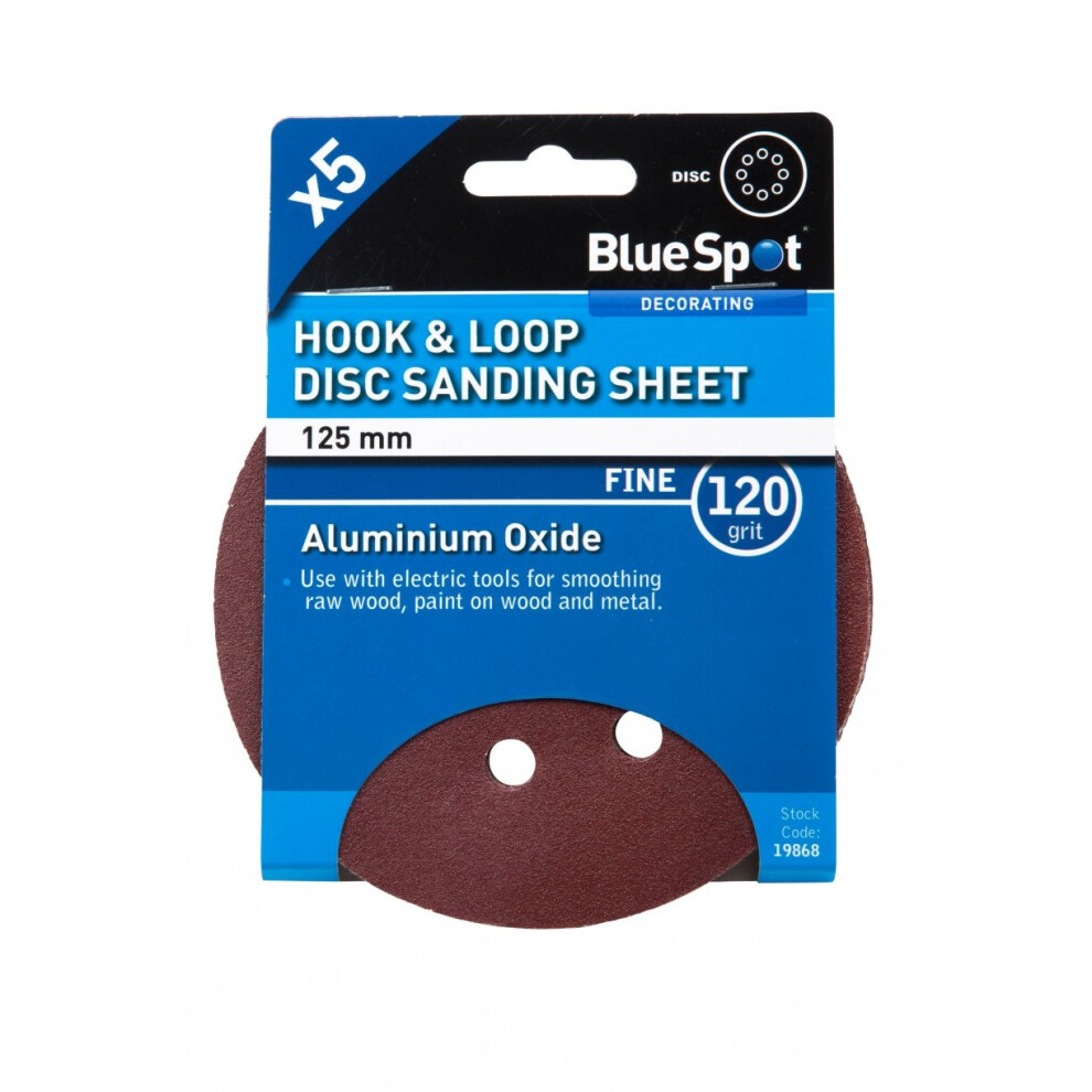Bluespot 125Mm 5 Pack 120 Grit Sanding Disc - Hook Loop Discs 8 Hole Da 6080 - Sanding Grit Hook Loop 125Mm Discs 8 Hole Da 6080120 Mixed Blue Spot 5028734198683