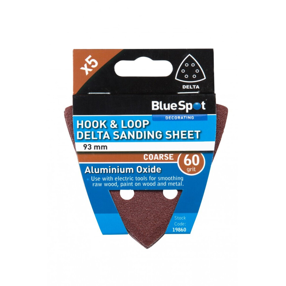 Bluespot 93Mm 5 Pack 60 Grit Delta Sanding Sheets - Mixed Hook Loop 6 Hole Blue - Grit Delta Sanding 93Mm Mixed Hook Loop 6 Hole Blue Spot 60 5028734198607