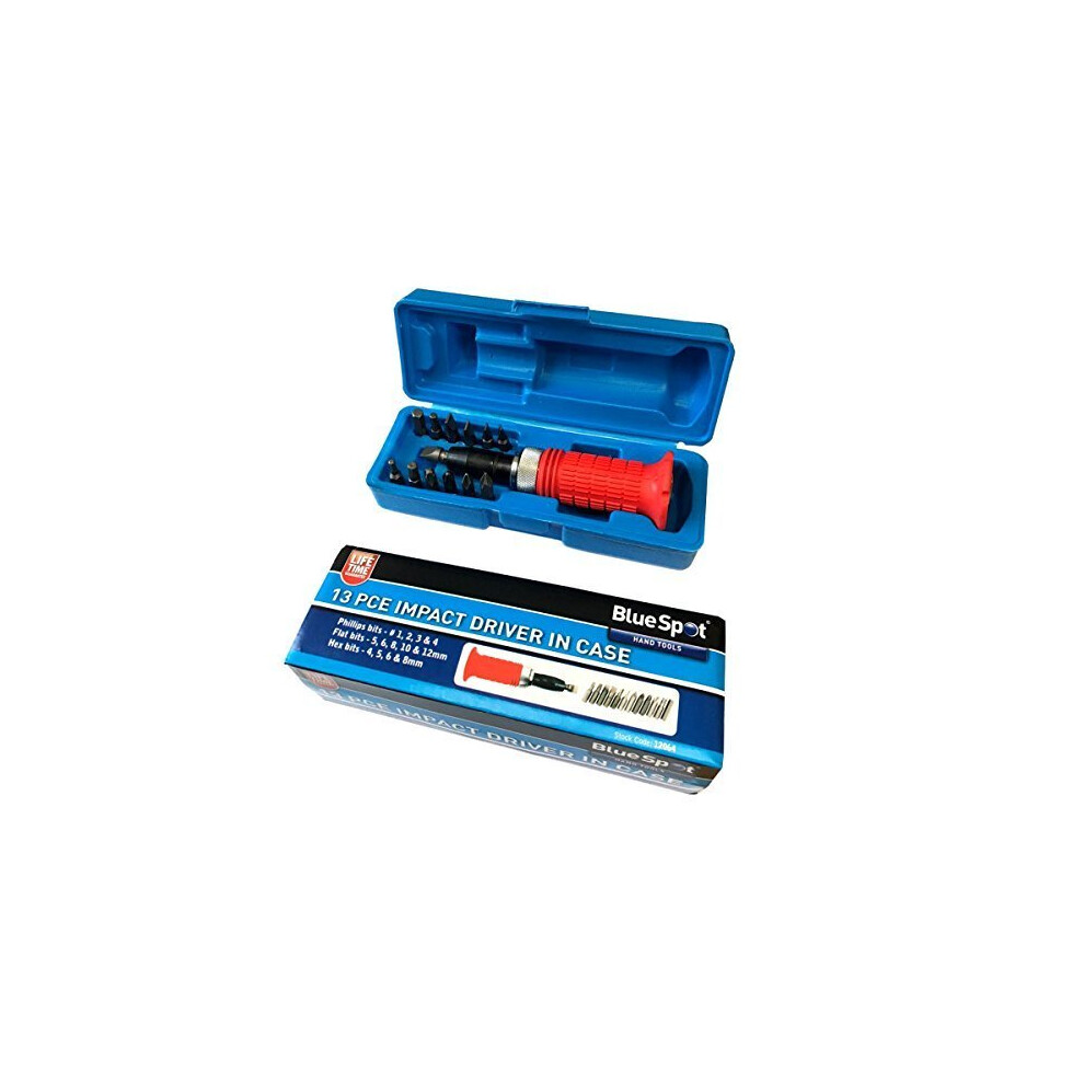 Blue Spot Tools 12064 Impact Driver In Case, Red, Set Of 13 Piece - 12 Tool -  impact 12 driver tool bits case socket 13 soft grip hammer hand