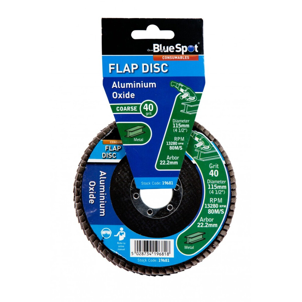 Bluespot 115Mm (4.5") 40 Grit Aluminium Oxide Flap Disc (Header Card) - Sanding - Flap Sanding 115Mm 40 Grit Aluminium Oxide 45 Angle Grinder Disc 5028734196818
