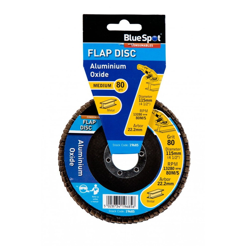 Bluespot 115Mm (4.5") 80 Grit Aluminium Oxide Flap Disc (Header Card) - Sanding - 80 Grit Flap Sanding 115Mm Aluminium Oxide 45 Angle Grinder Disc 5028734196856
