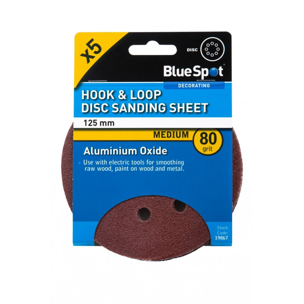 Bluespot 125Mm 5 Pack 80 Grit Sanding Disc - Hook Loop Discs 8 Hole Da 6080120 - Sanding Grit Hook Loop 125Mm Discs 8 Hole Da 6080120 Mixed Blue Spot 5028734198676