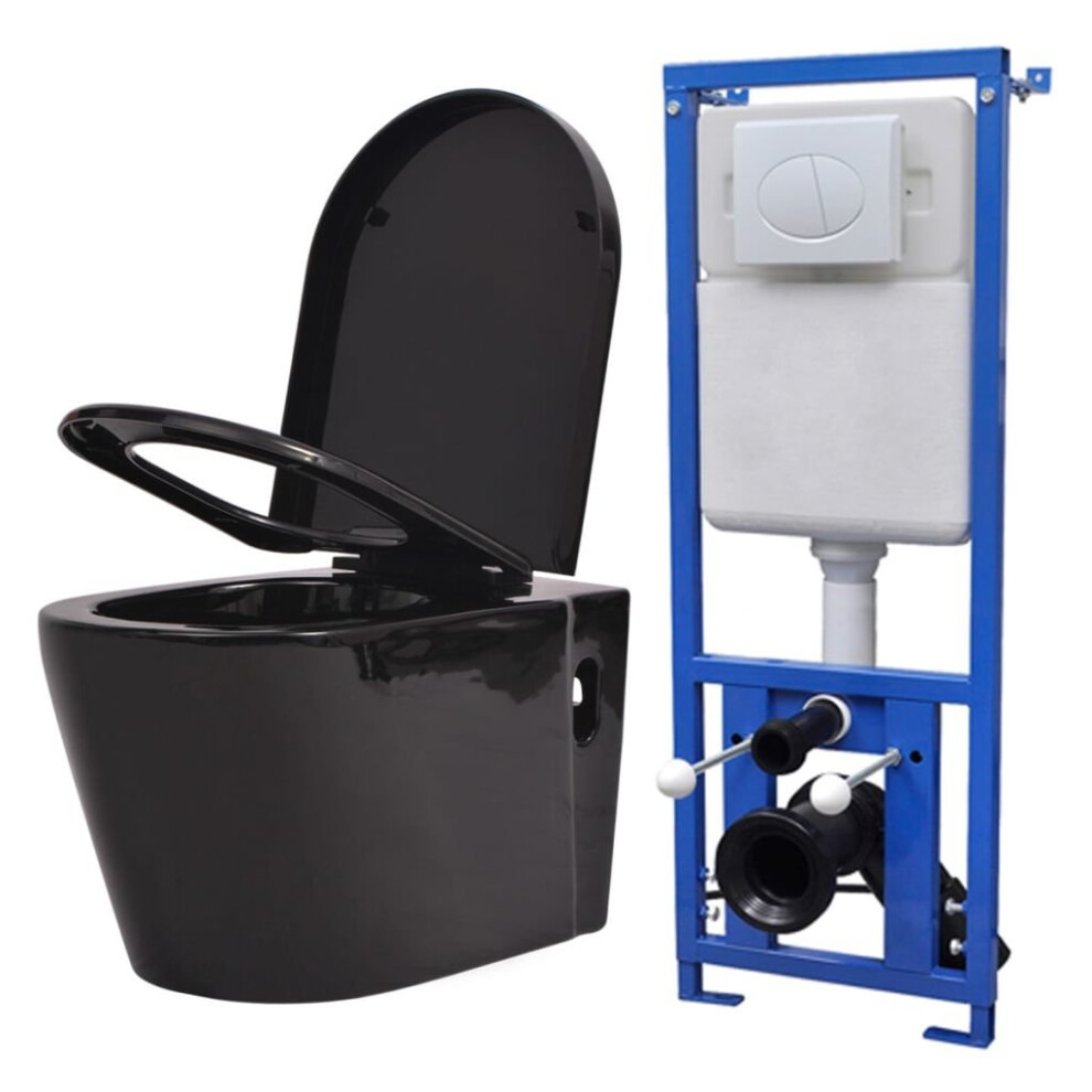 vidaXL Wall Hung Toilet with Concealed Cistern Ceramic Black Bathroom WC Seat