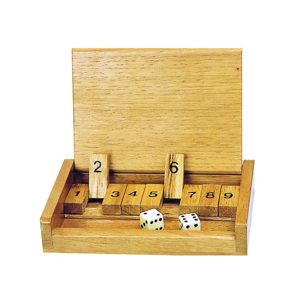 Wooden Travel Shut The Box: Compact Portable Dice Game for 1+ Players Includes 2 Dice, 9-Number Board, and Instructions