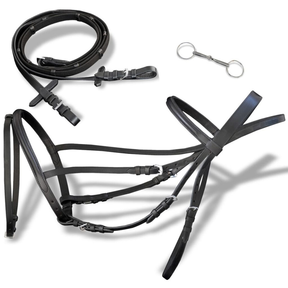 vidaXL Leather Flash Bridle with Reins and Bit Black Pony Adjustable Length
