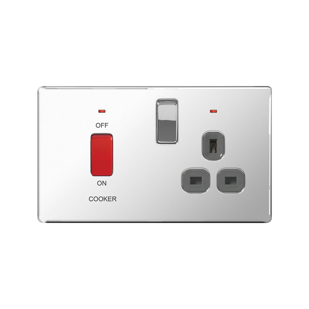 Bg Flatplate Screwless 45A Dp Switch With 13A Neon Socket Chrome (Grey Inserts) 5050765005432