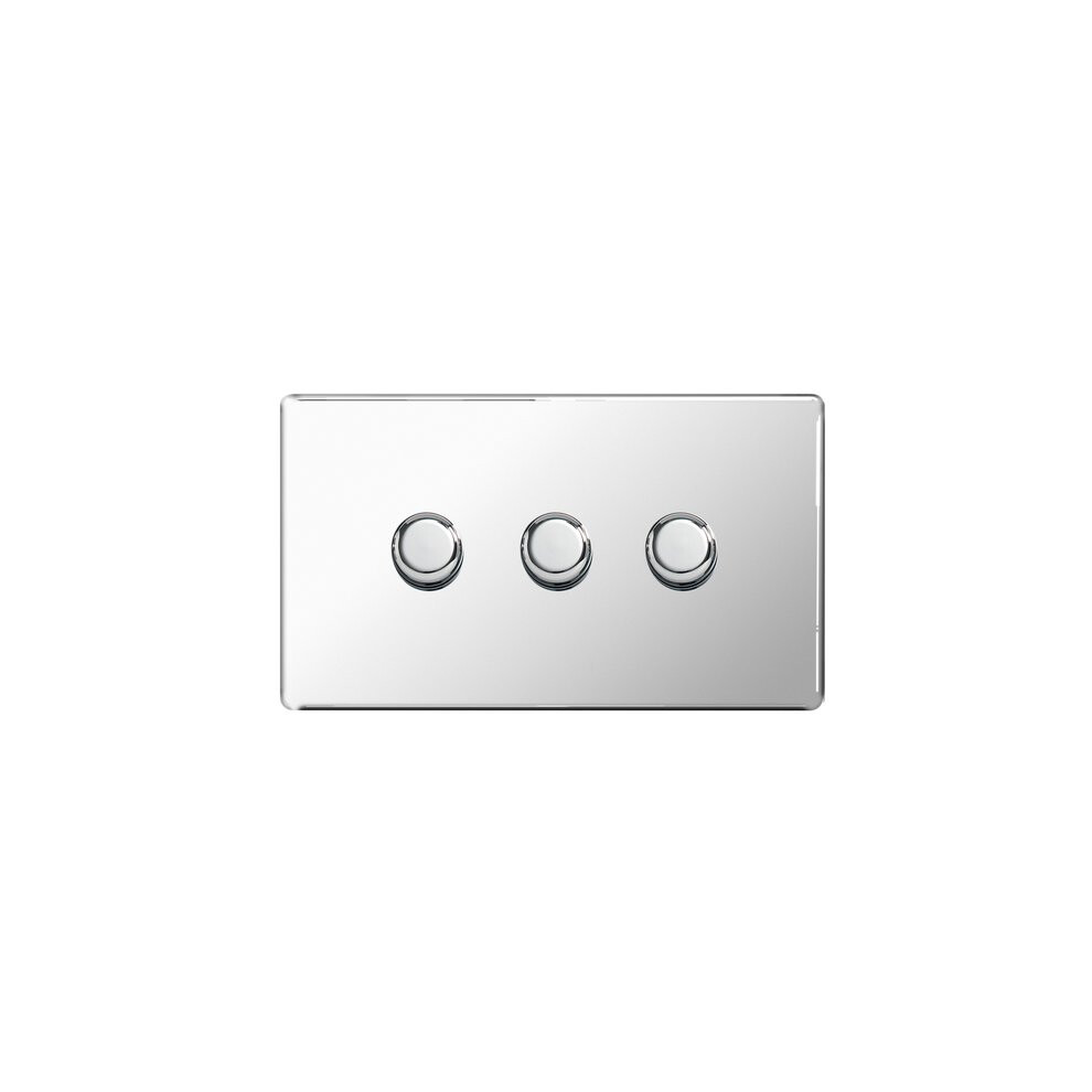 Bg Flatplate Screwless 3 Gang 2 Way Push Dimmer 400W Chrome 5050765005630