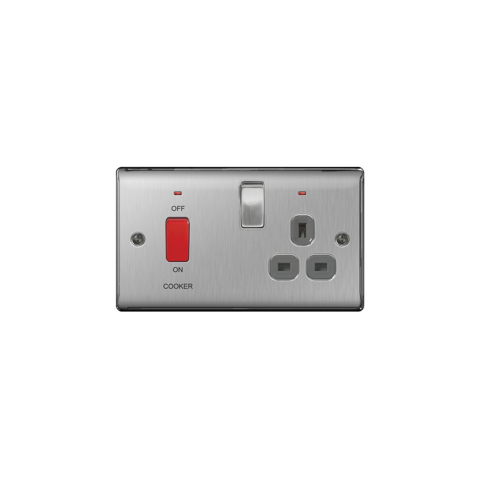 Bg-Nexus-Metal 45A Single Cooker Switch And 13A Plug Socket,Brushed Steel Finish,Grey Inserts 5050765019002
