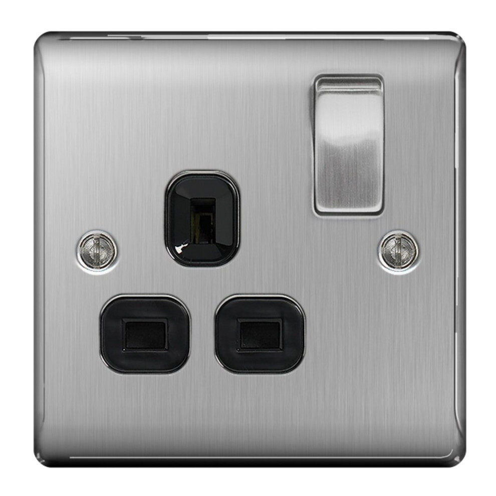 Bg-Nexus-Metal Single 13A Plug Socket,Brushed Steel Finish,Black Inserts 5050765037259