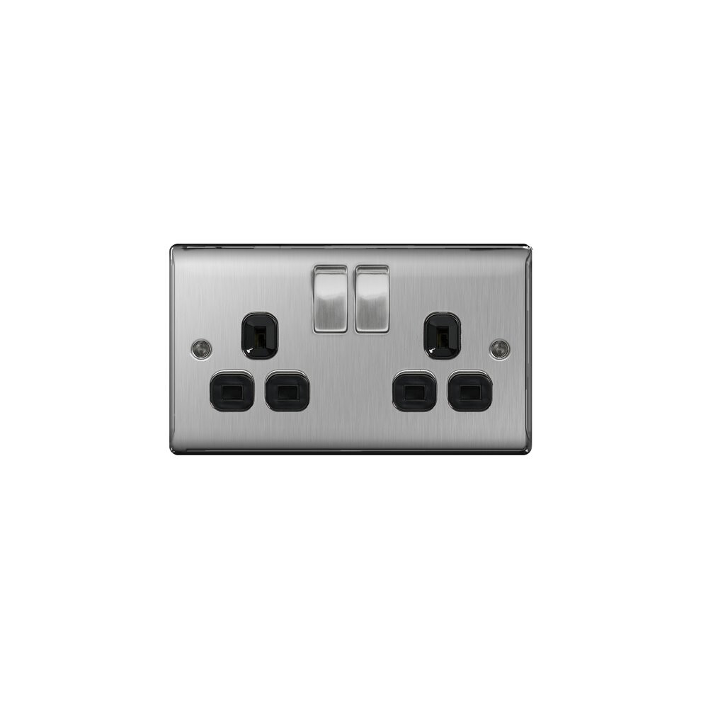 BG-Nexus-Metal Double 13A Plug Socket,Brushed Steel Finish,Black Inserts