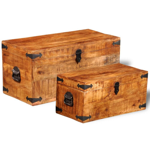 VidaXL Rough Mango Wood Storage Chests Set of 2 Boxes Cases Trunks for Toy/Craft/Tool