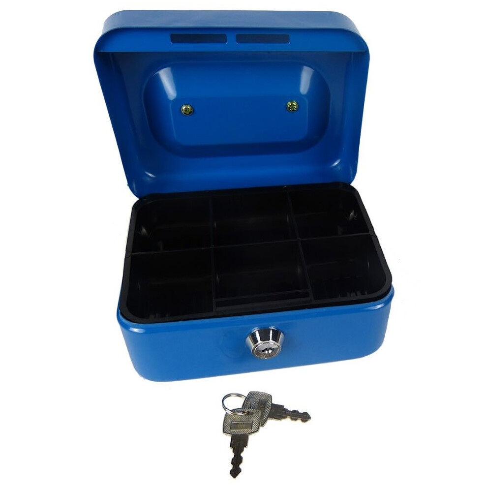 Hyfive 6" Blue Steel Petty Cash Box Money Holder Security Safe With Keys & Tray