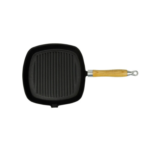 VidaXL Cast Iron Grill Pan Bbq Skillet Wooden Handle Ribbed Griddle Base Kitchen