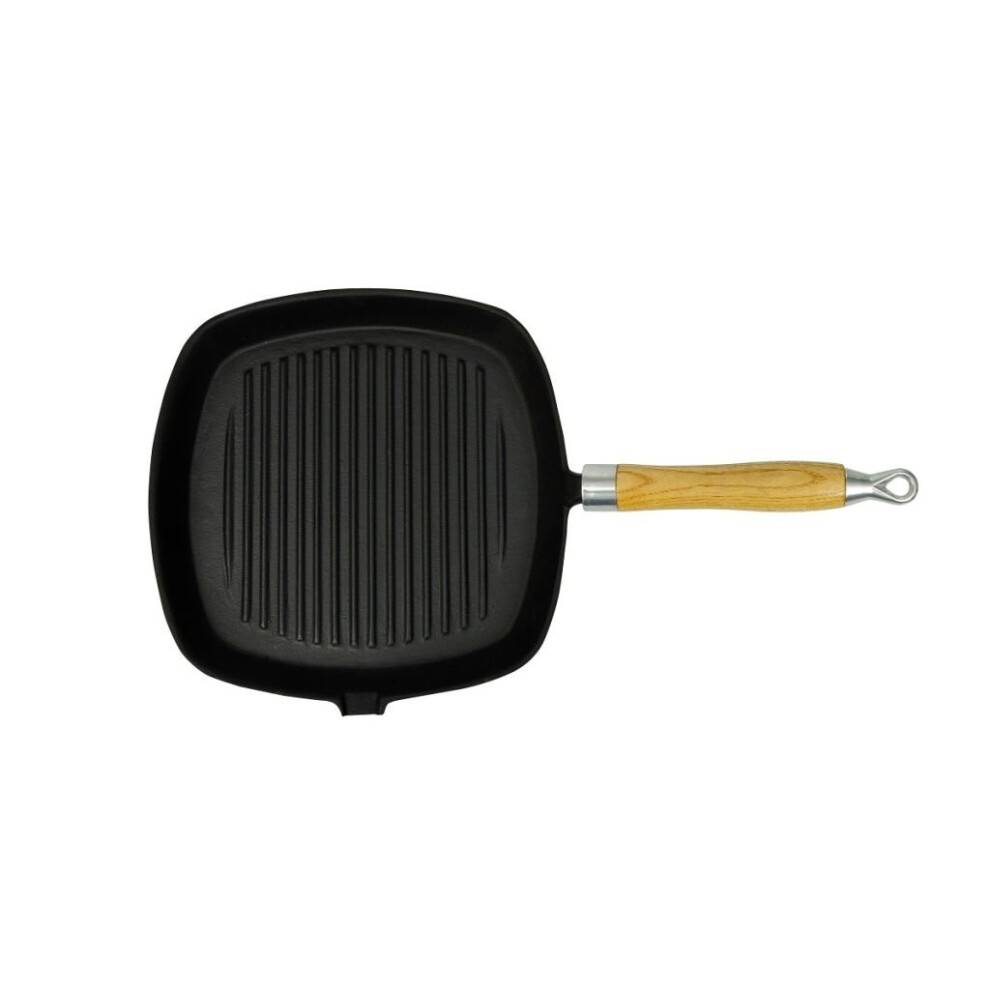 Cast Iron Grill Pan Bbq Skillet Wooden Handle Ribbed Griddle Base Kitchen