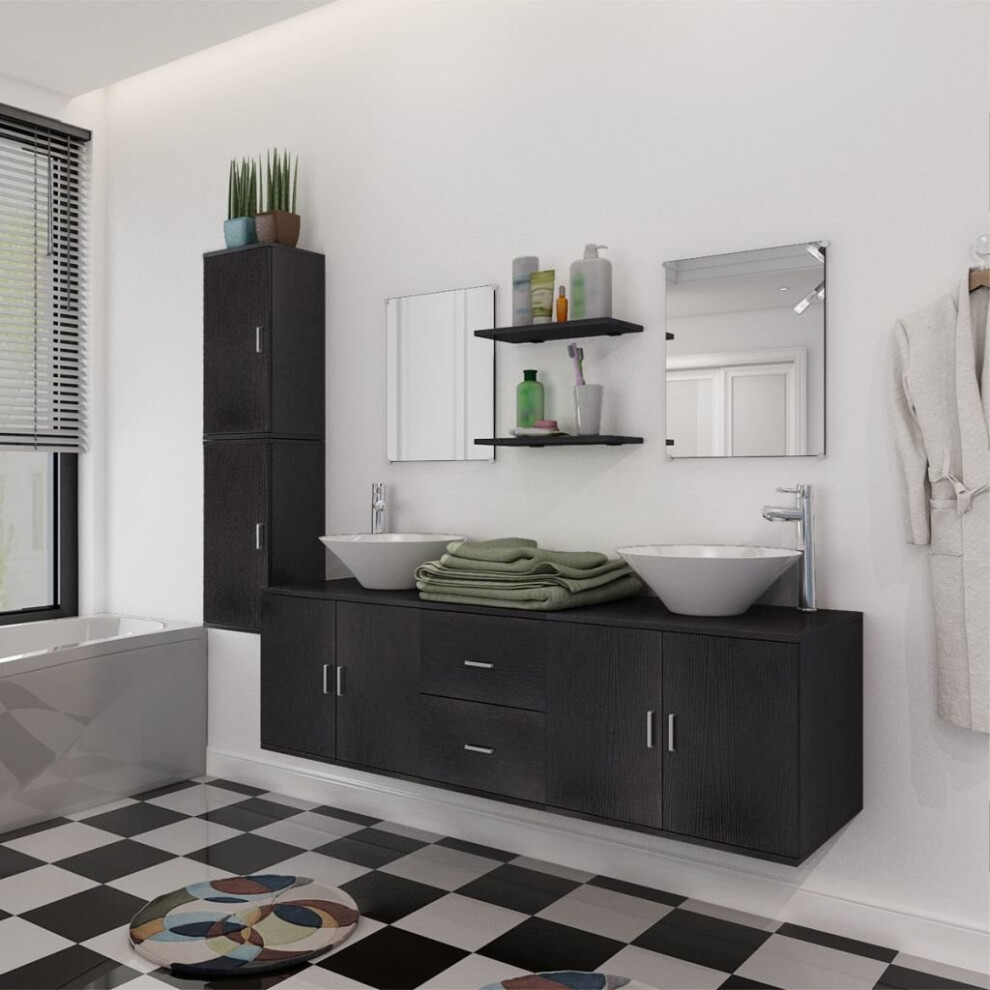 vidaXL Bathroom Set 11 Piece with Basin with Tap Black Vanity Unit Cabinet