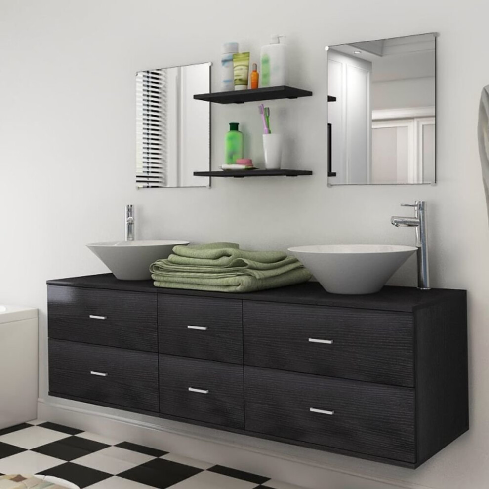 vidaXL Bathroom Furniture Set 9 Piece with Basin with Tap Black Home Cabinet