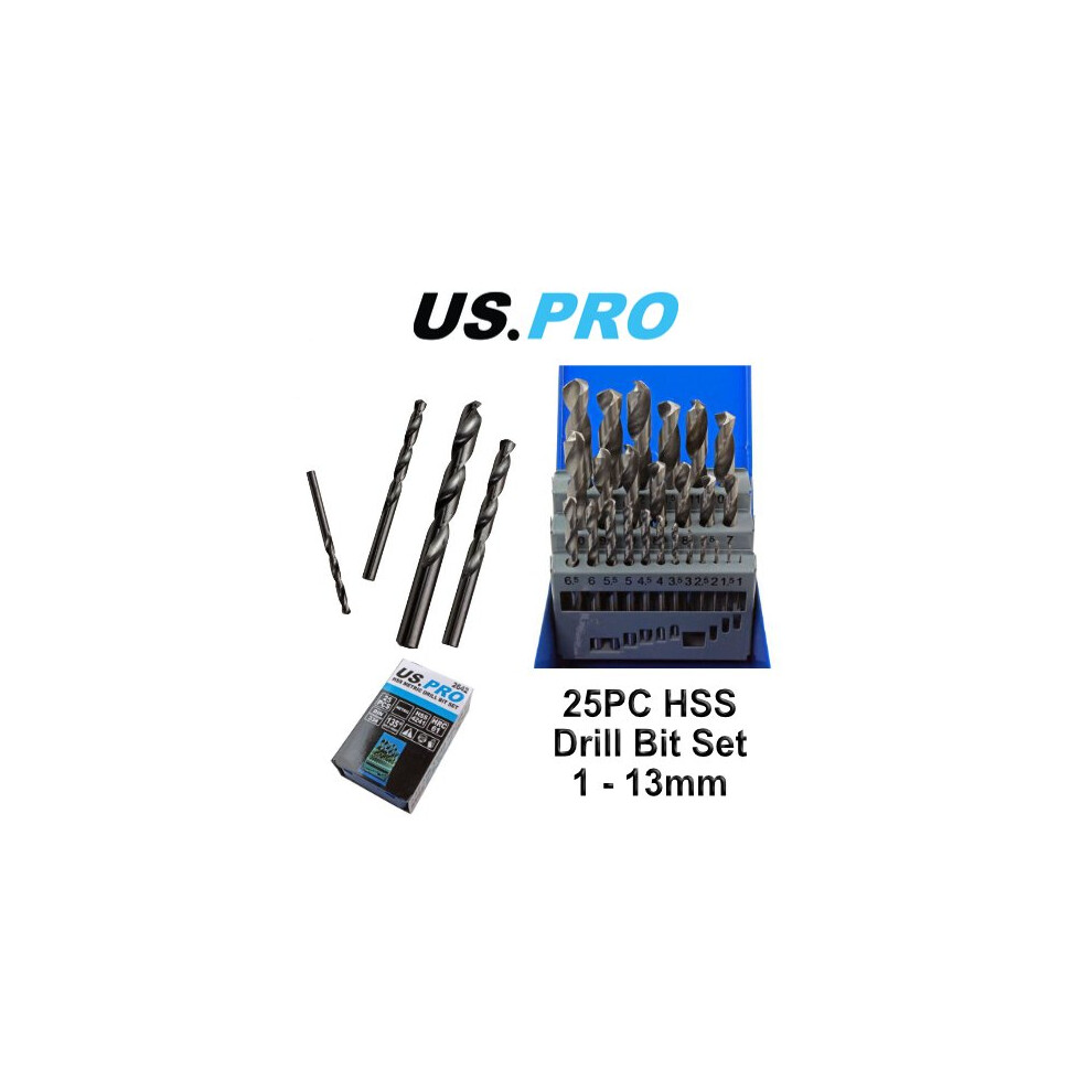 US PRO 25pc HSS Metal Drill Bit Set Metric 1mm - 13mm with Case 2642