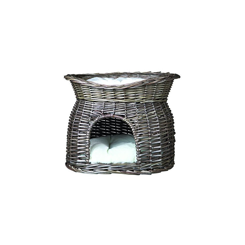 Trixie Wicker Cat Cave With Bed On Top And Cushions, 54 x 43 x 37 Cm, Grey - -  trixie wicker basket sun roof pillow grey cats new mit und item 2873