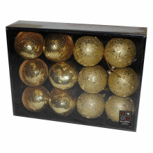 Set Of 12 Deluxe 8cm Baubles In Window Box 2asstd Gold - Christmas Bead Sequ -  12 gold box christmas baubles bead sequin 80mm