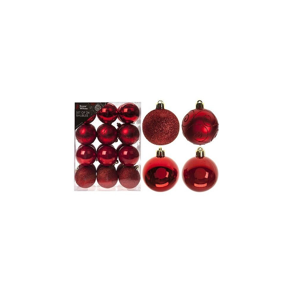 24X Red 6Cm 'Christmas' Tree Baubles- Glitter, Shiny, Swirl- (Snow White - Pack - Pack 24 Lovely Red Coloured 6Cm Christmas Tree Bauble Decorations White,Red