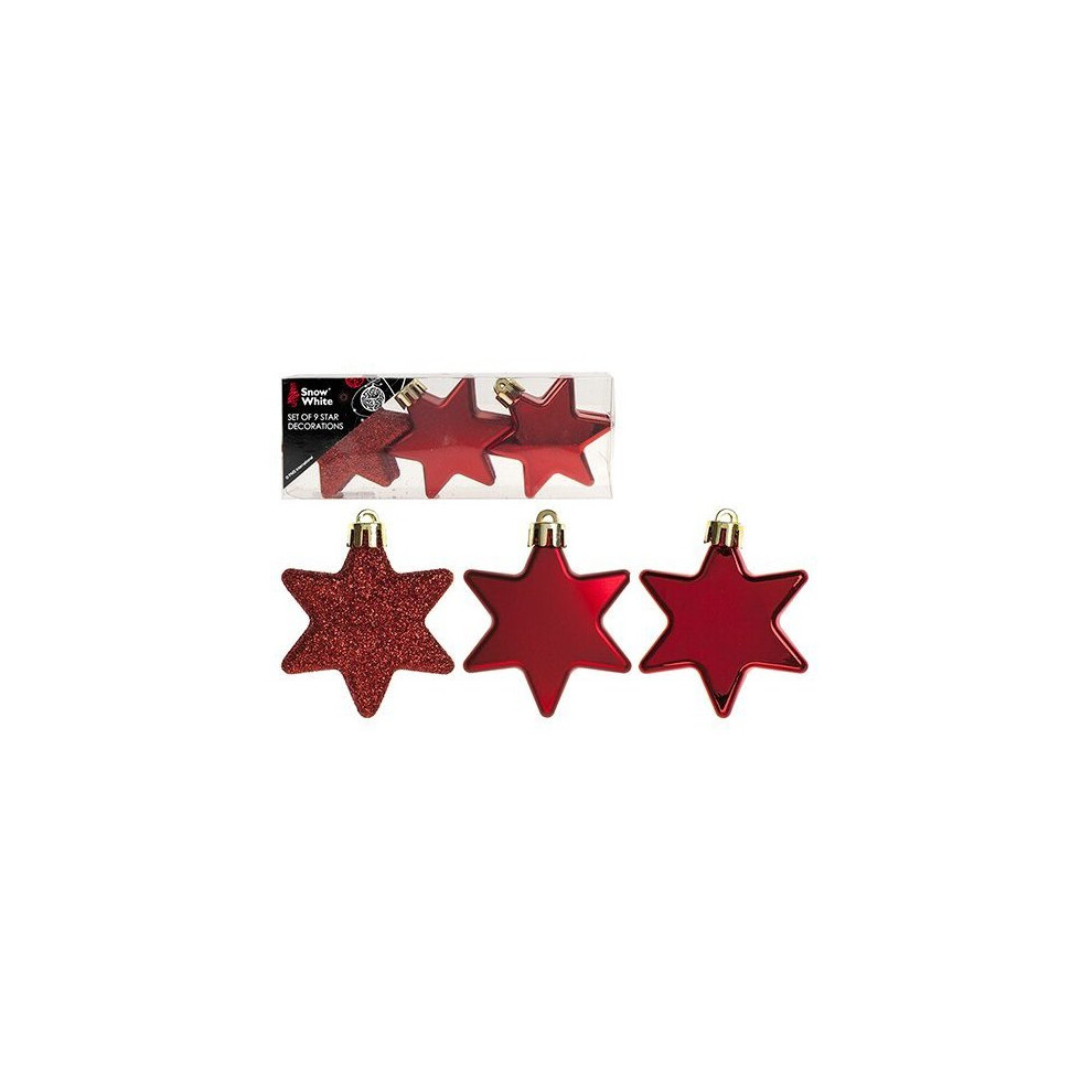 Pack Of 9 - 6cm Red Star Baubles - Shiny Matte & Glitter Design - Christmas - -  pack 9 6cm red star baubles shiny matte glitter design christmas tree